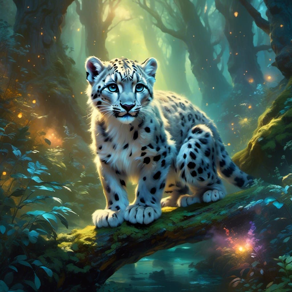 super cute baby snow leopard with very exaggerated baby features in a ethereal wonderland dramatic lighting dramatic camera 8k resolution be...