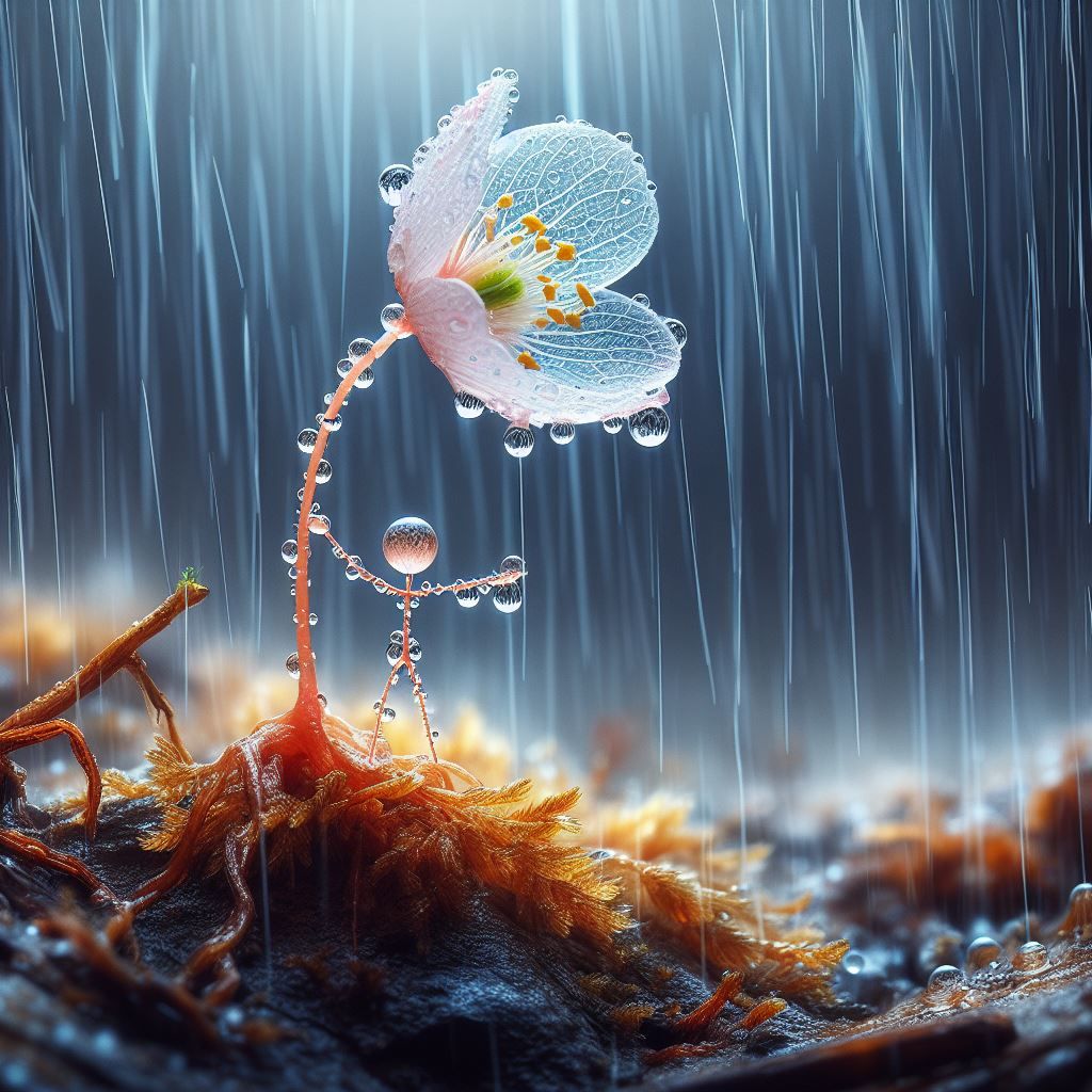 Stickman under a flower on a rainy day