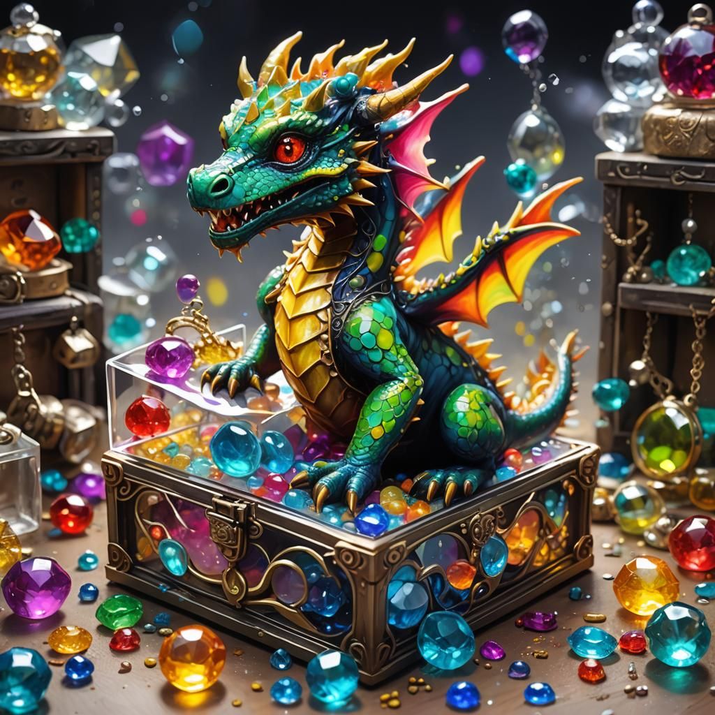 A cute miniature baby dragon sitting in a glass jewelry box ...