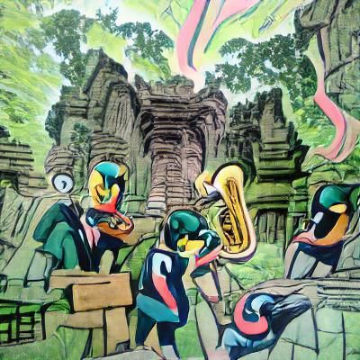 Toucan jazz quartet at Angkor wat, style of jack kirby new g...