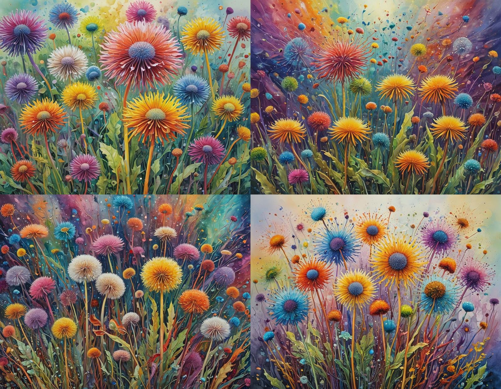 Macro closeup, rainbow dandelions subtly exhibit movement in...