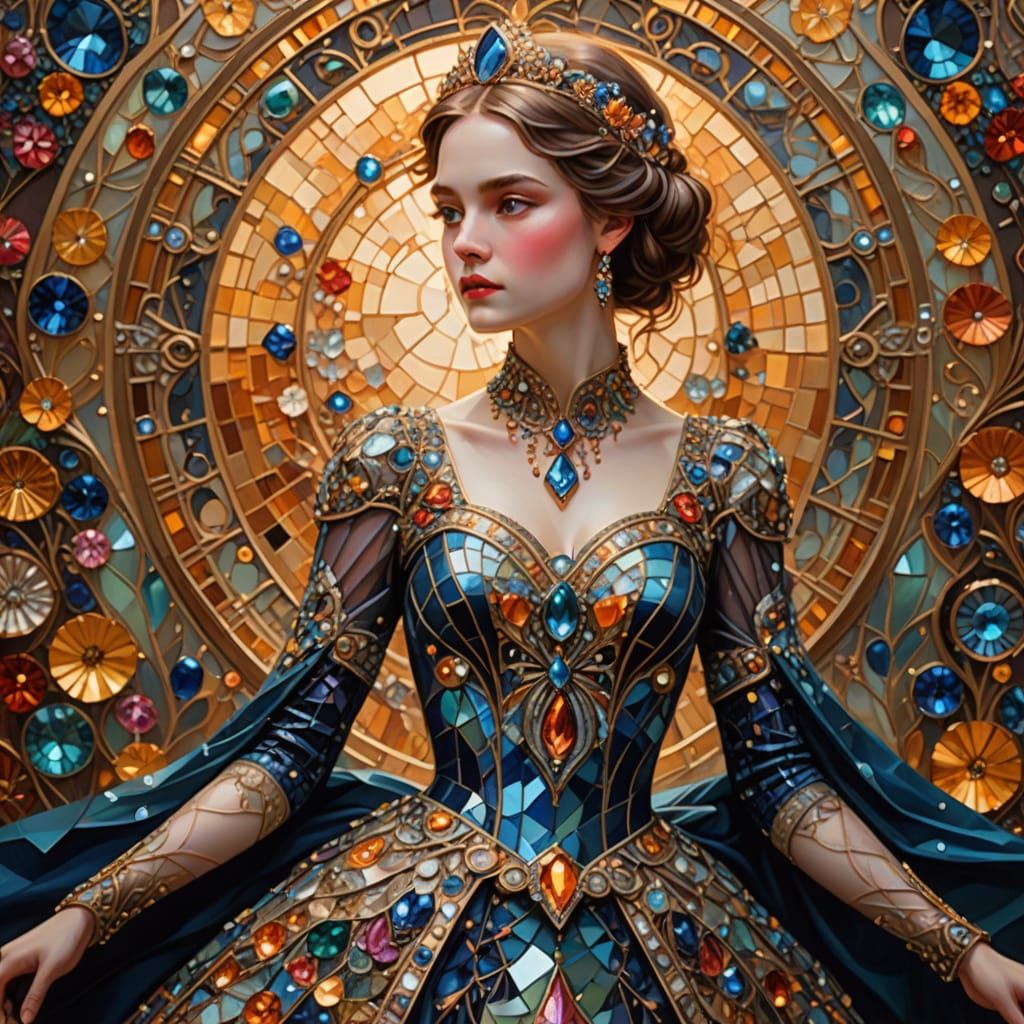 woman in a dress made of small pieces of glass and gems in a princess style  by @Mila K