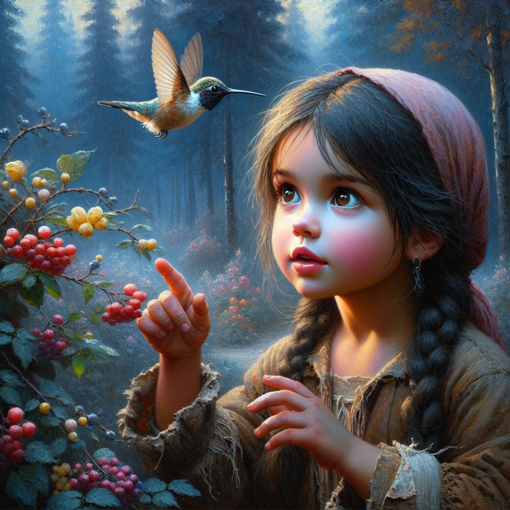 A little girl with berries and a bird