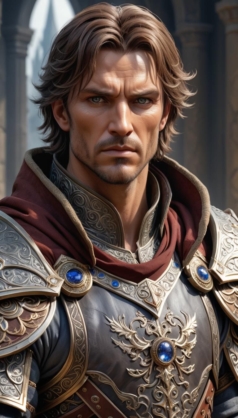 High fantasy epic male lord, 35 years old, short brown hair, wearing noble clothes, powerful grey eyes, worried look, carries heavy responsi...