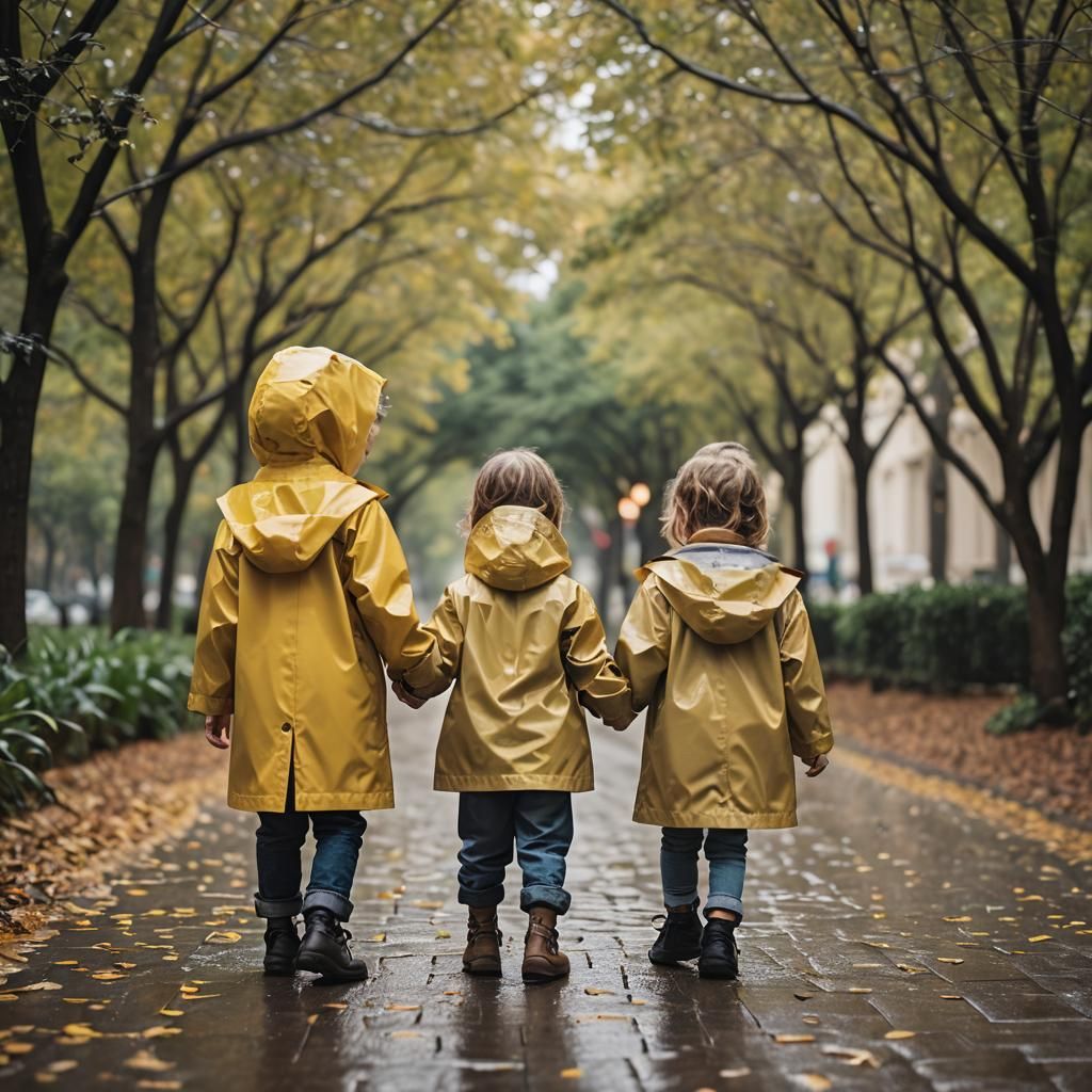 Children in Raincoats Holding Hands, Bokeh Photography