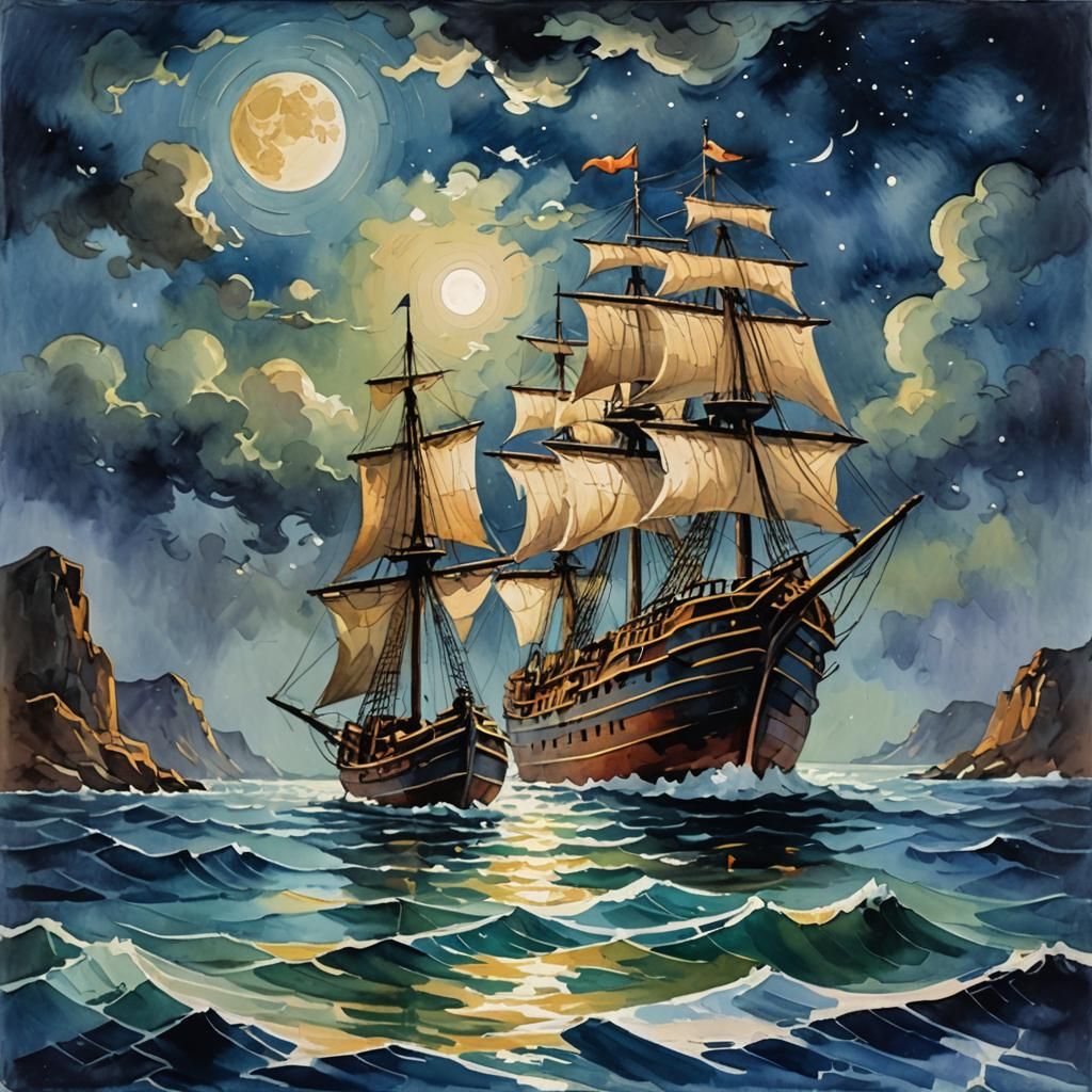 Tile art: a ship on the water, moonlight create with tiles
