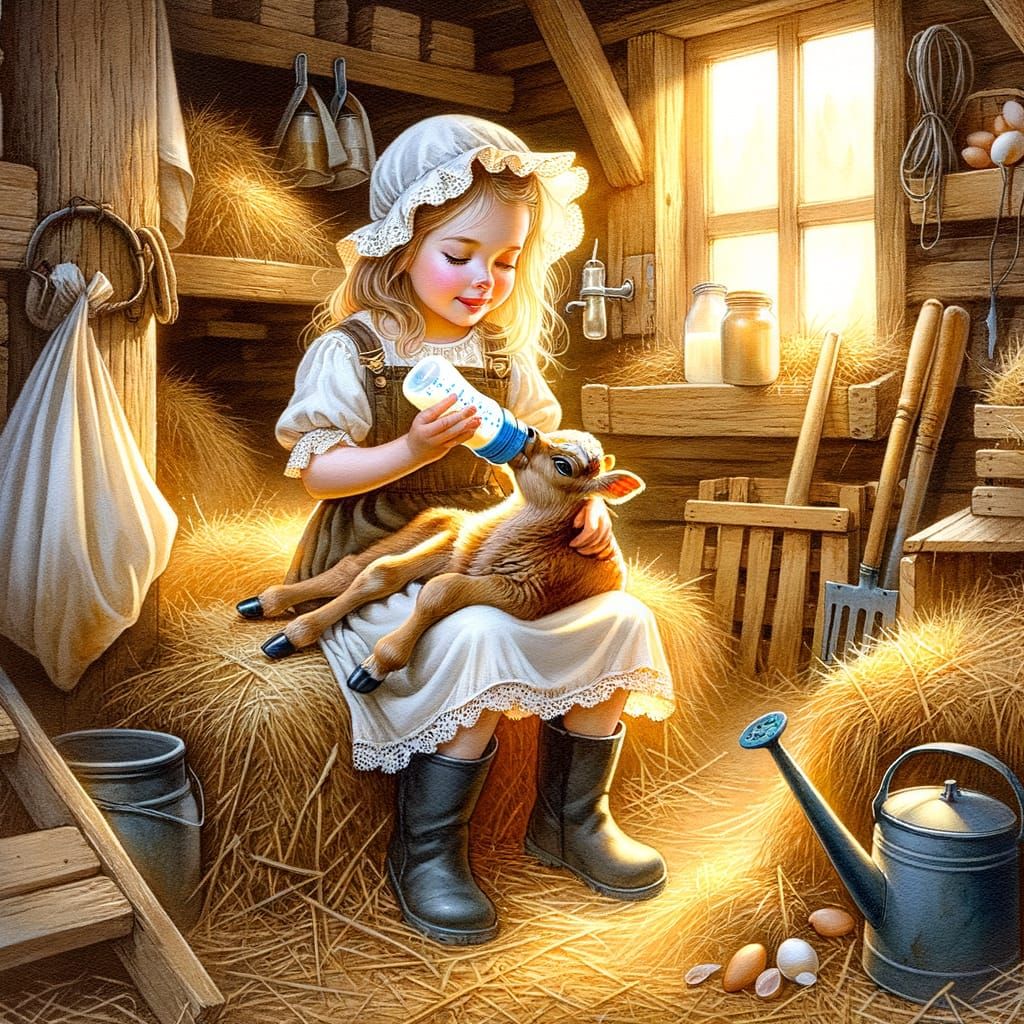 Farm girl feeding a baby calf.