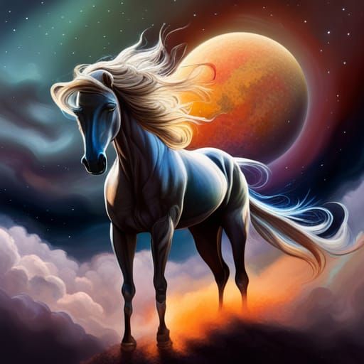 rearing horse, horses, night sky, moons, planets, stars, nebula, galaxy ...