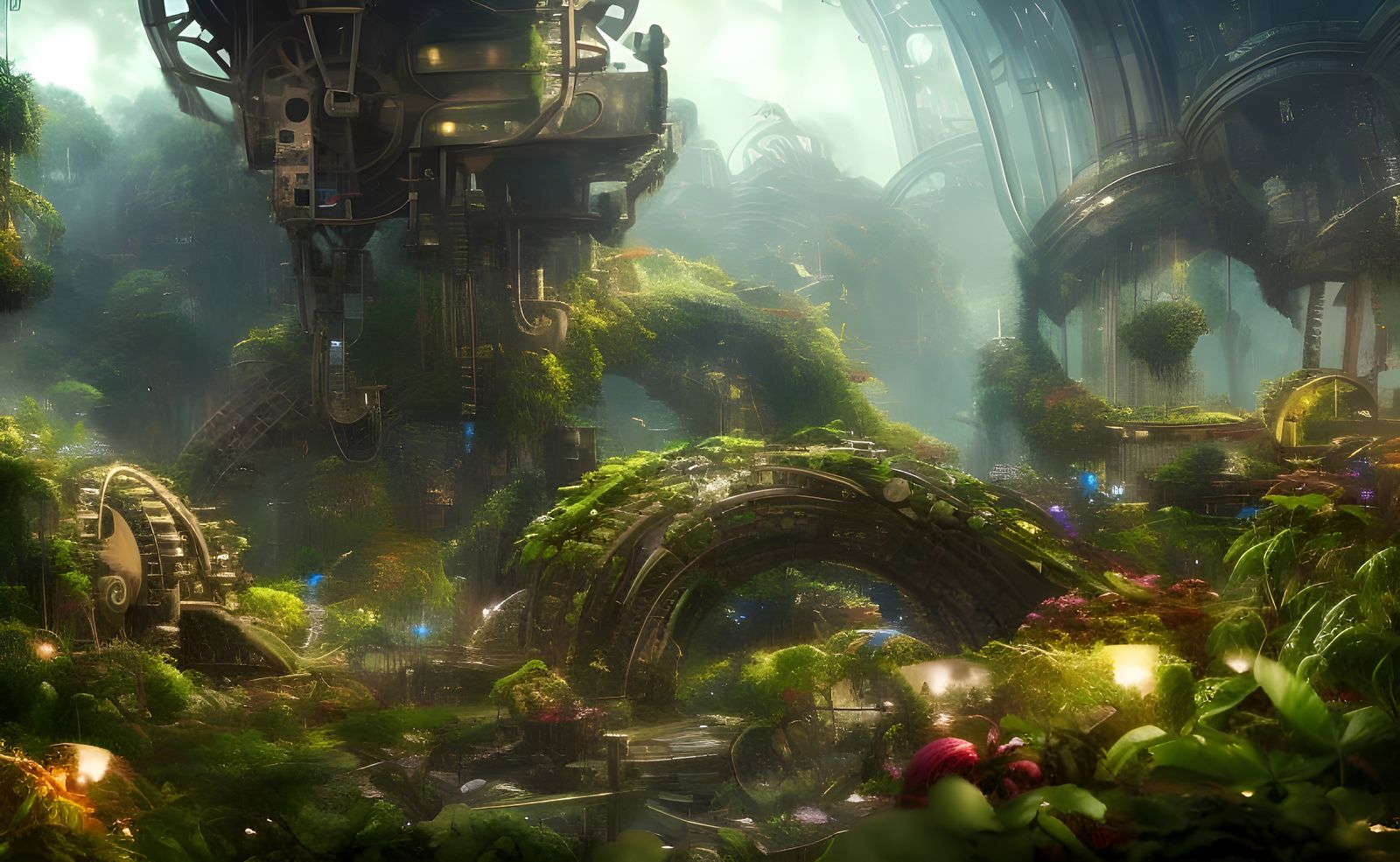The Mechanical Gardens of Eden, landscape concept art, mecha...