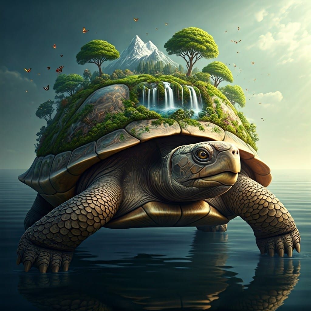 We see a colossal turtle swimming in calm, reflective water. Its shell is not just a shell, but an entire miniature world! Lush green vegeta...