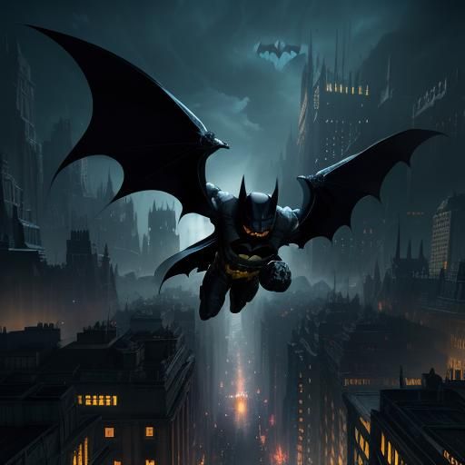 batman flying through a dark city