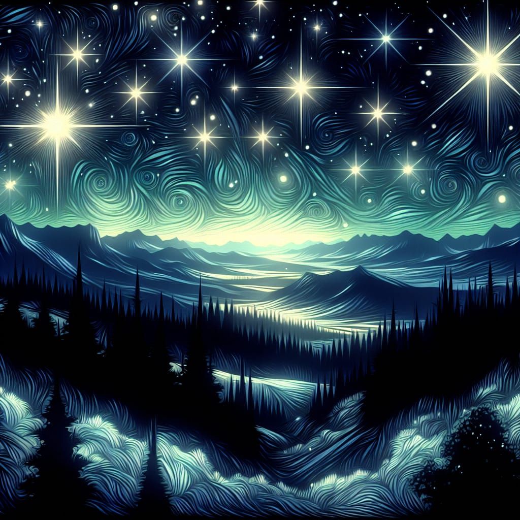 Beautiful landcape vista,  Twinkling stars everywhere