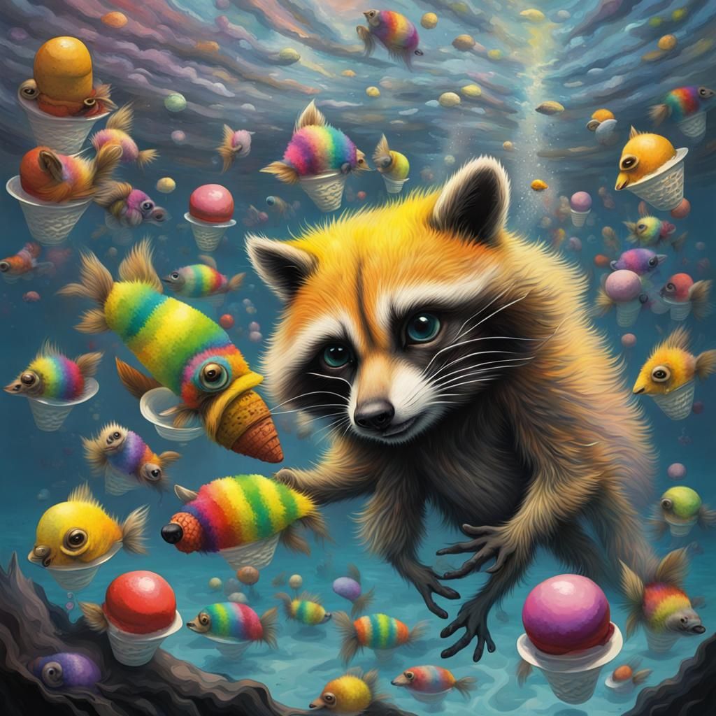 Raccoons diving underwater looking at a black and white ice ...