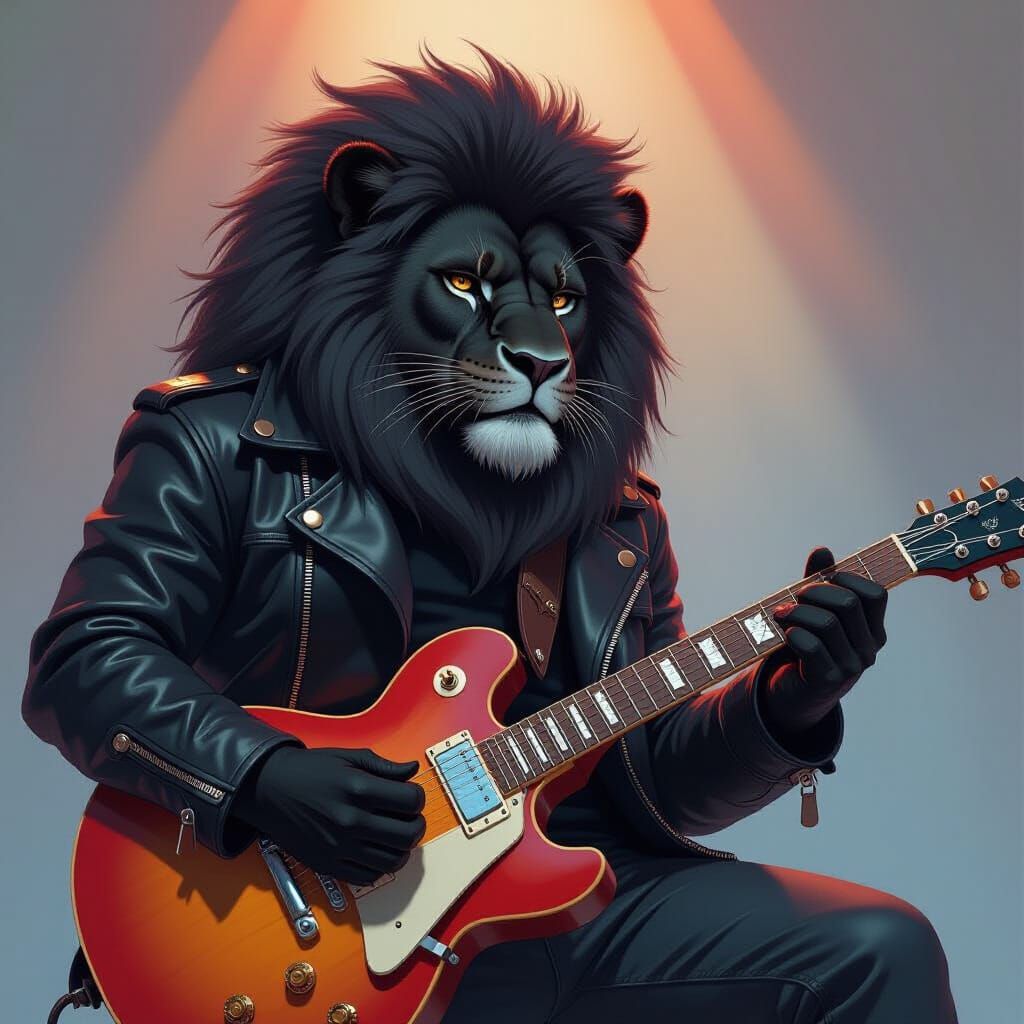 Lion Musician in Leather Jacket Playing Guitar