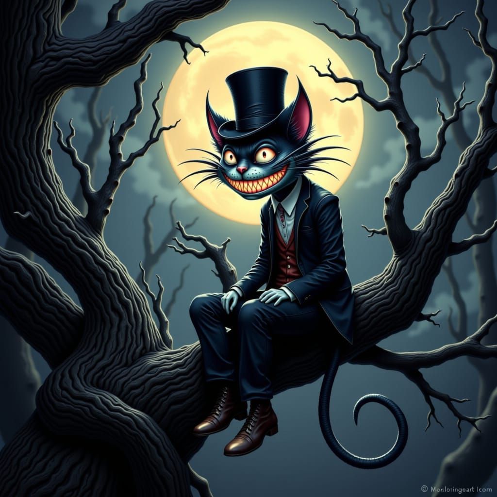 Twisted Cheshire cat with a mischievously wide grin, wearing a tattered top hat and sitting on a gnarled, black tree branch, set against a b...