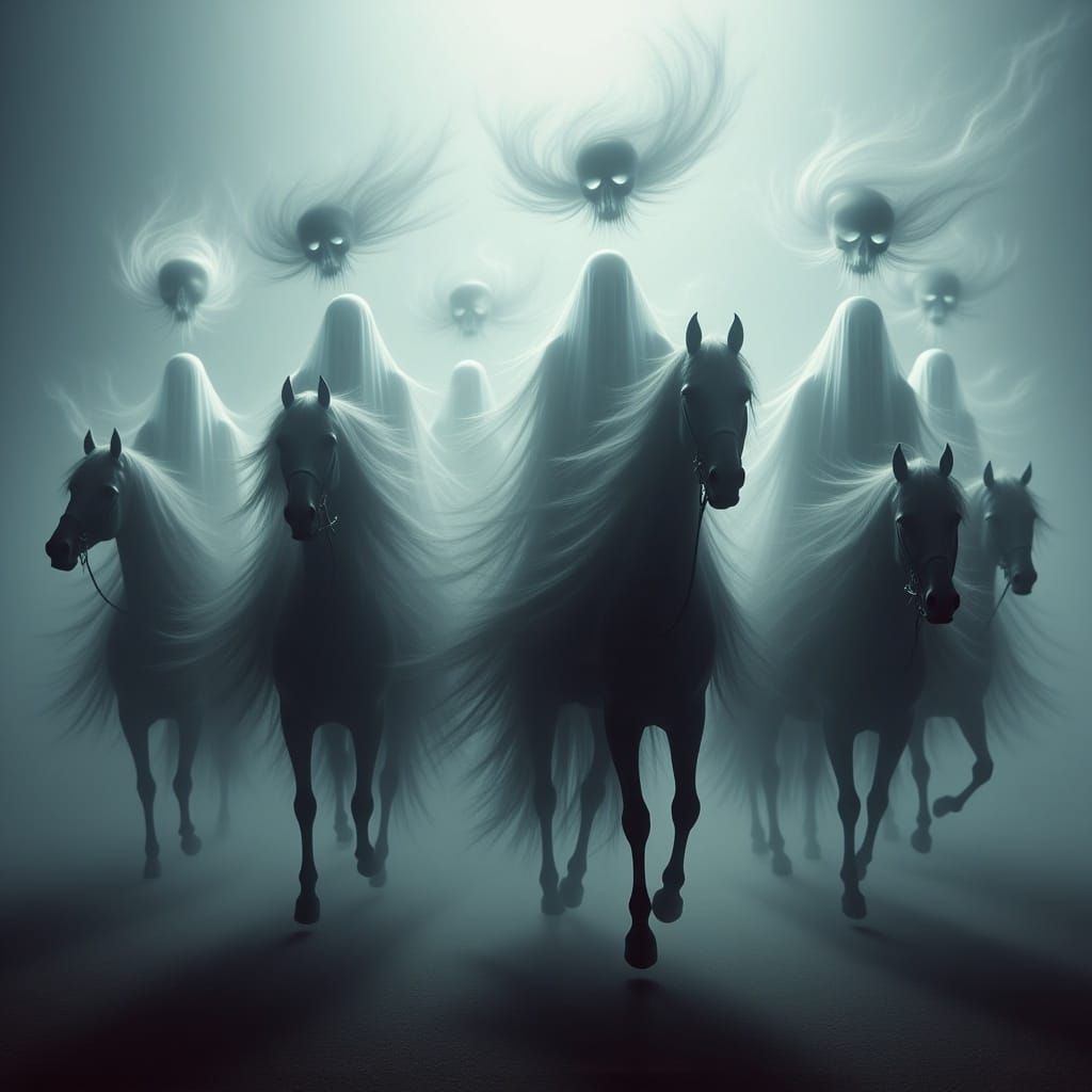 <lora:Insubstantial v1:1.0> A group of seven horsemen wearing white cloaks with ghostly faces, riding horses in the fog. Their shadows cast...