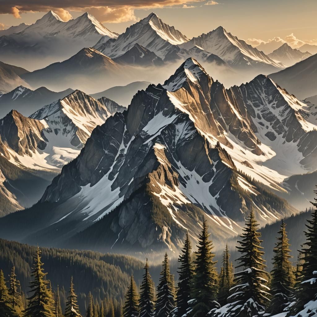 Three rows of mountains, epic nature photography, evening li...