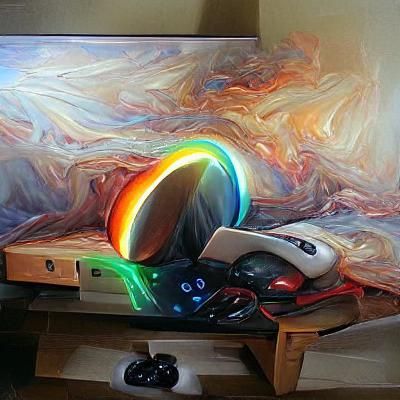 A gaming setup made of rainbows