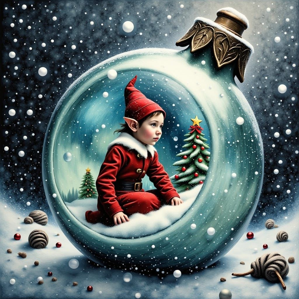 Portrait of Elf inside Gigantic deep vintage hollowed Christmas bauble, reflecting the snow Elf in the snow fairytale storybook Swirly snowf...