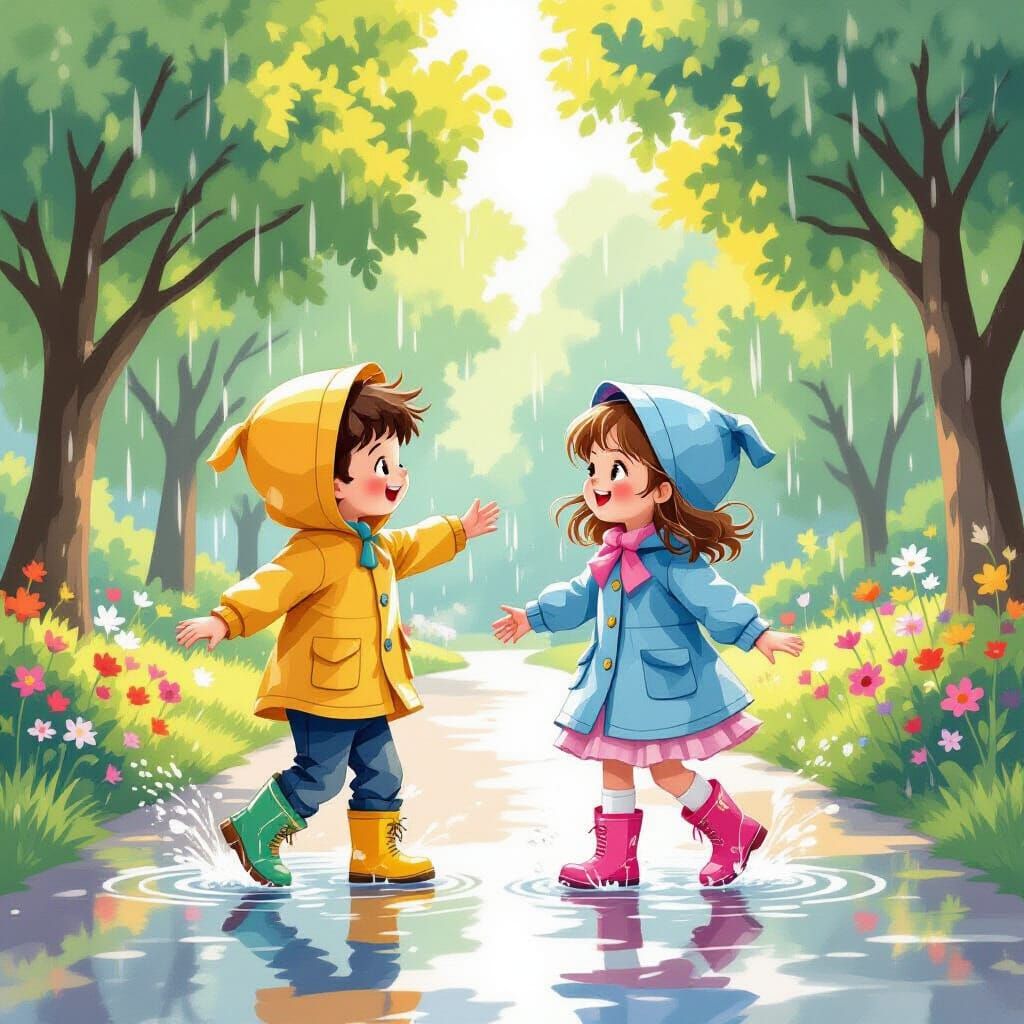 Children Dancing Joyfully in Park Rain Shower