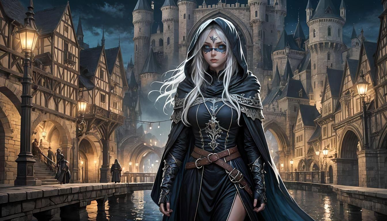 Medieval Fantasy City. A bridge crossing a river at night. A rogue girl standing on bridge wearing dark cloak with hood. Blue eyes and white...