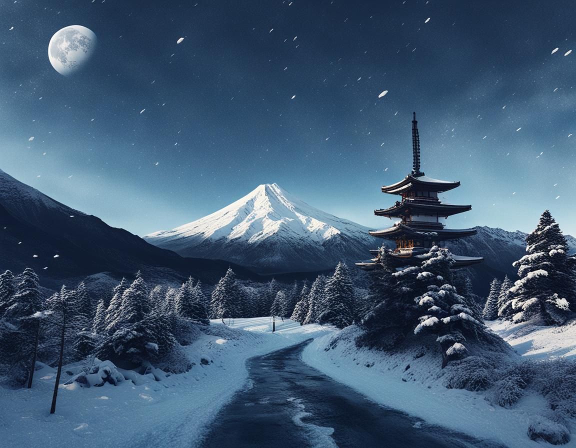 Japanese Shrine at Mount Fuji in Stormy Weather