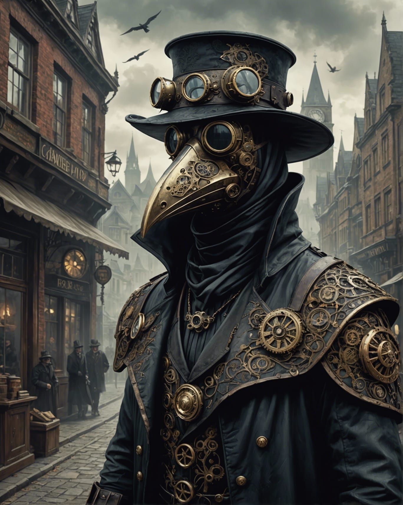 A steampunk plague doctor.  by @ShuruAI