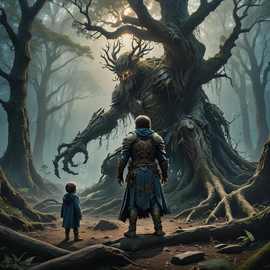 Warrior Confronts Child in Mystical Forest