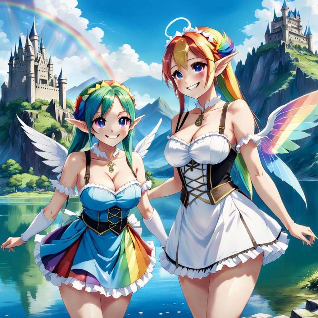 Two girl,elf,maid,smile,no underwear,no skirts,have wings at...