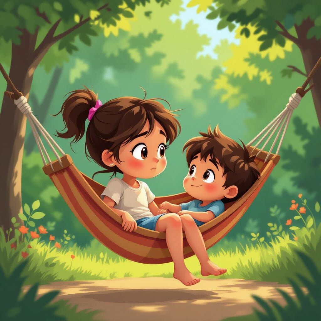 Annoyed Girl on Hammock as Brother Pulls Hair