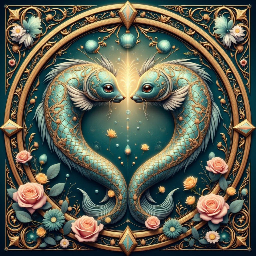 Surreal Pisces Zodiac in Golden Paisley, Liquid Metal, and B...