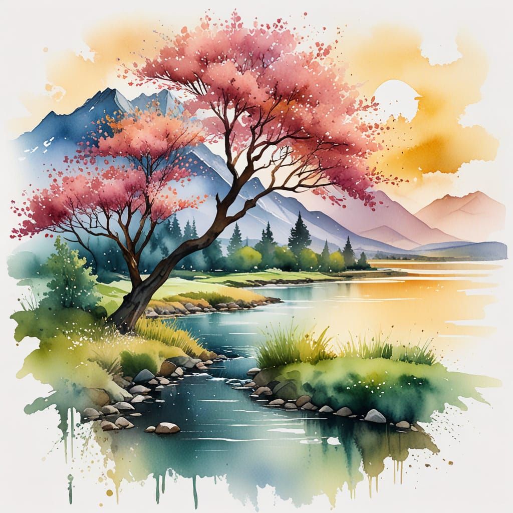Watercolor River Landscape with Blossoming Trees