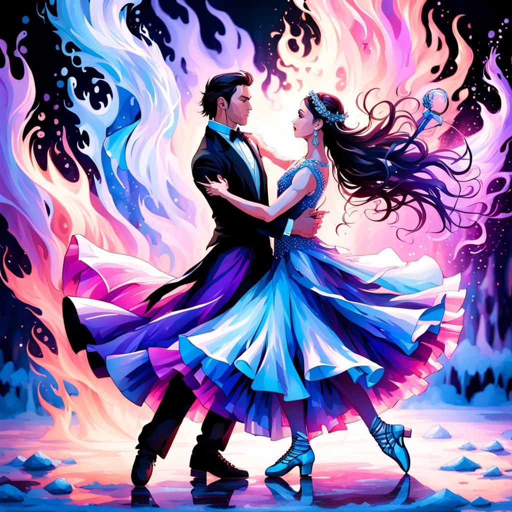 Pink, blue, purple black fire and ice dance   by @FLUTTERSKY 