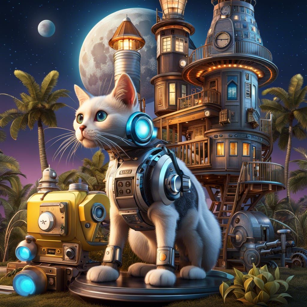 Futuristic Robot Cat-Dog with Treehouse and Moon