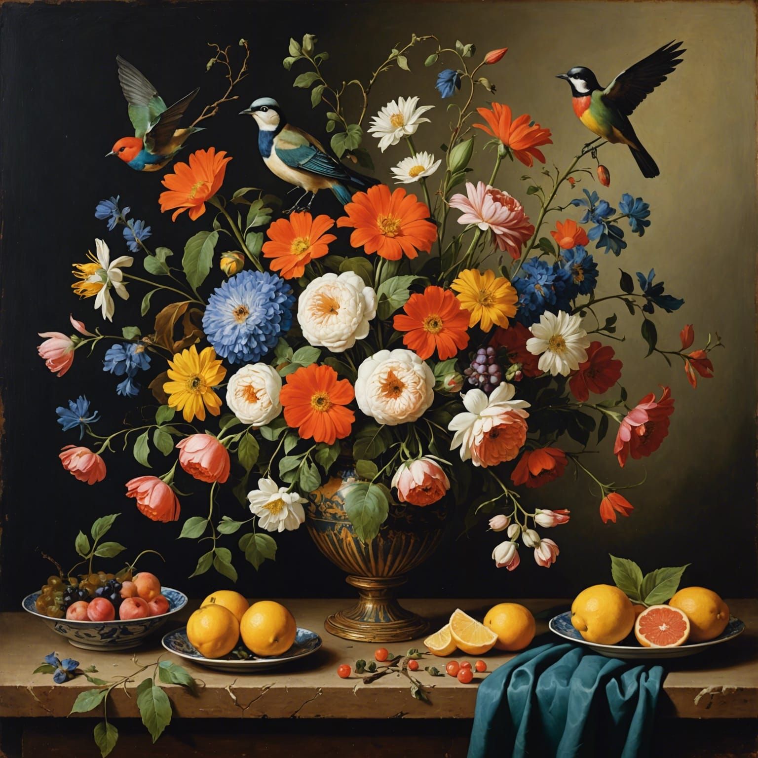 Italian still life with flowers and birds  by @Galina Bolshakova