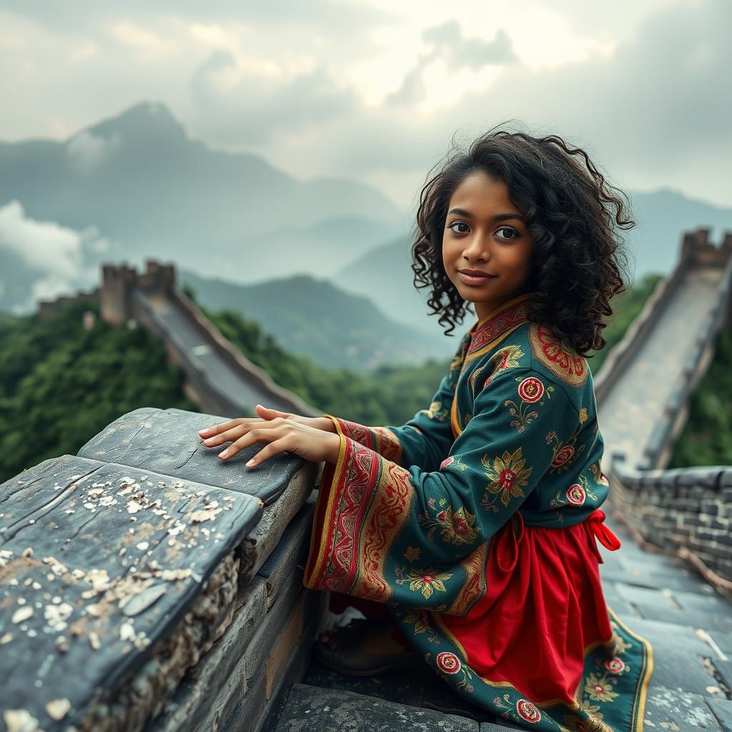 An extremely cute Chinese-African  teenager sitting on the G...