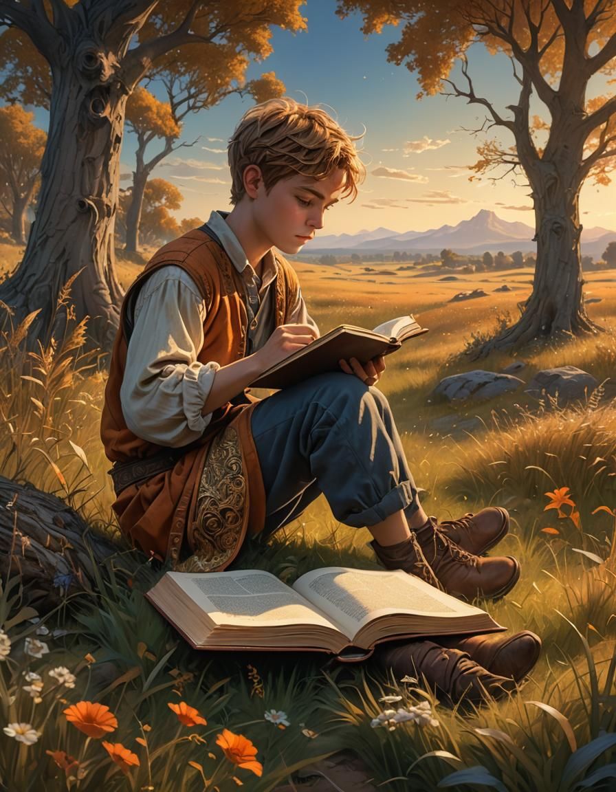 Boy Reading Book in Meadow, Fantasy Concept Art