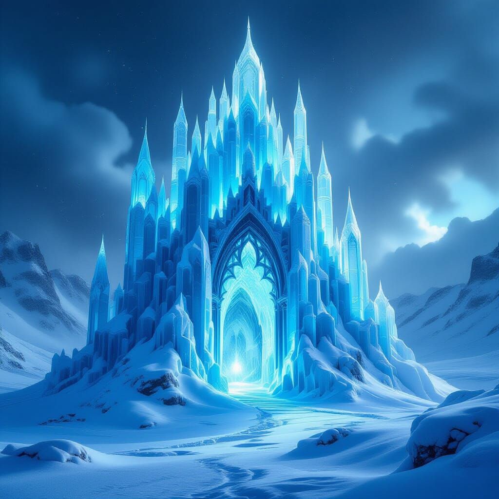 A intricate, gothic inspired, crystal palace made from glacial, deep blue magical ice. The structure towers over a winter landscape with col...