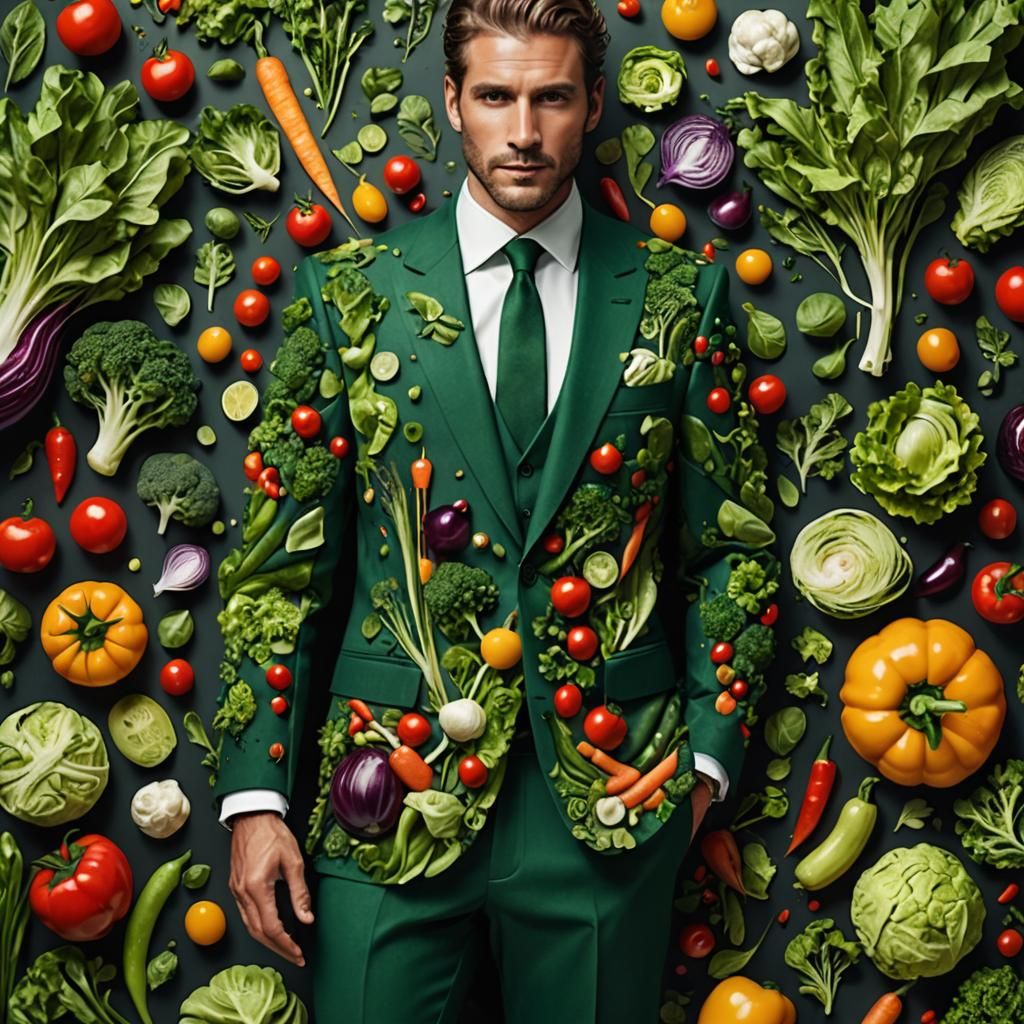 Design a striking men's suit made entirely from food. Imagin...