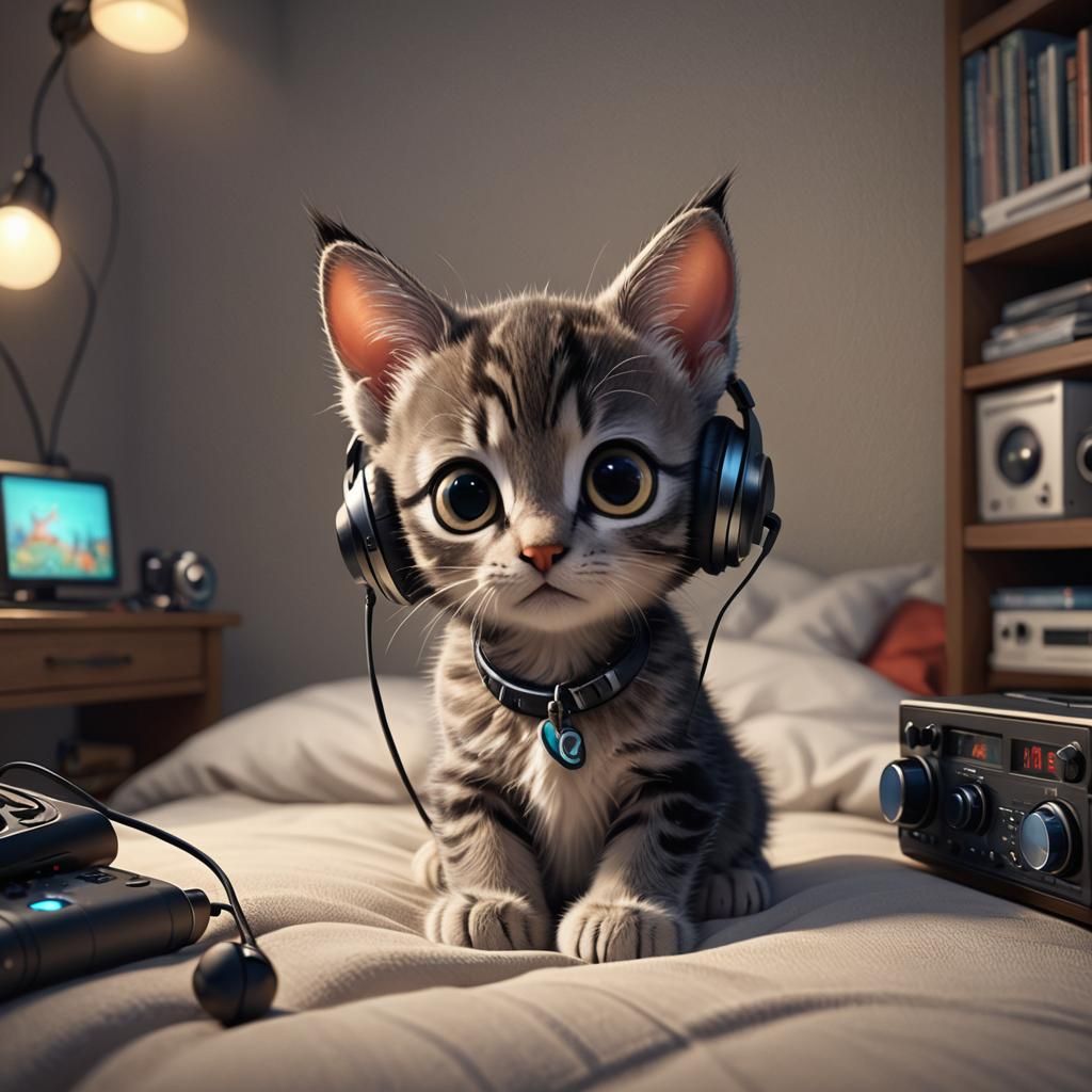 A kitten with an earbuds.  by @Bai