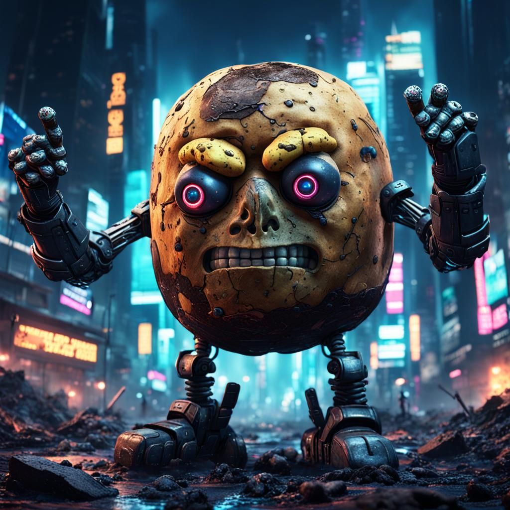 a potato with a face, arms and legs in cyber punk style is w...