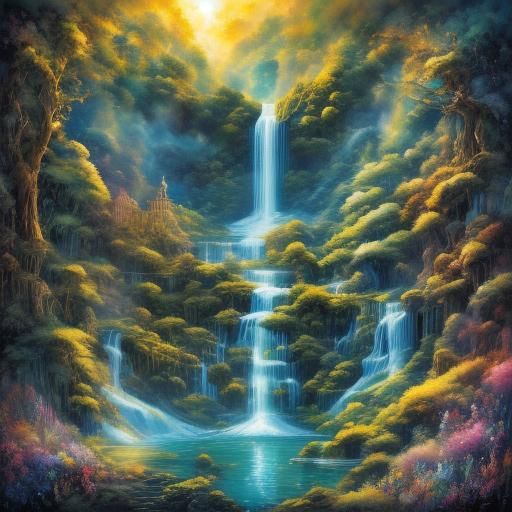 <lora:Spin Glow SD15:1.0> crystal palace and waterfall