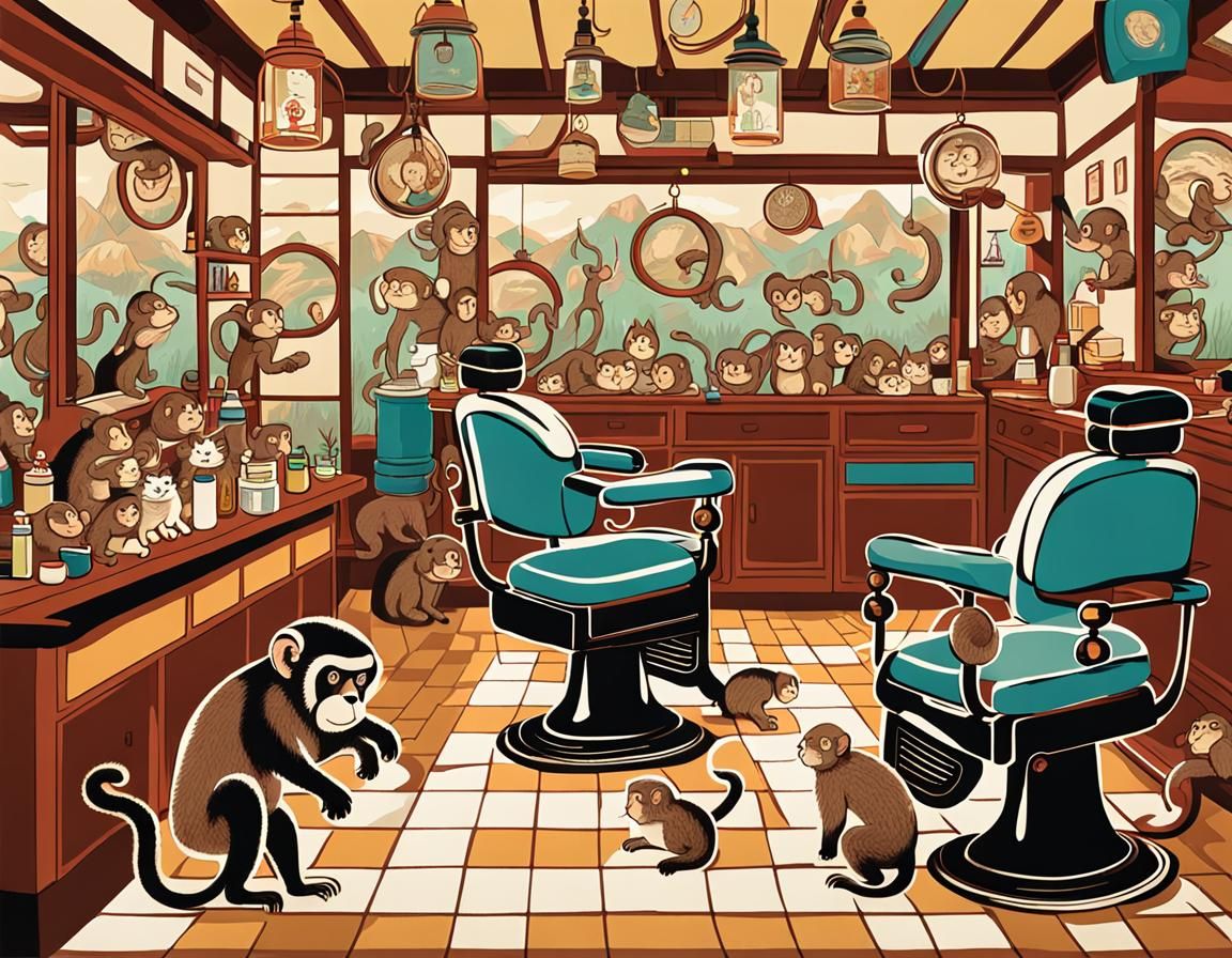 A Barber's Shop with Monkeys and Cats in the style of Yuni Y...