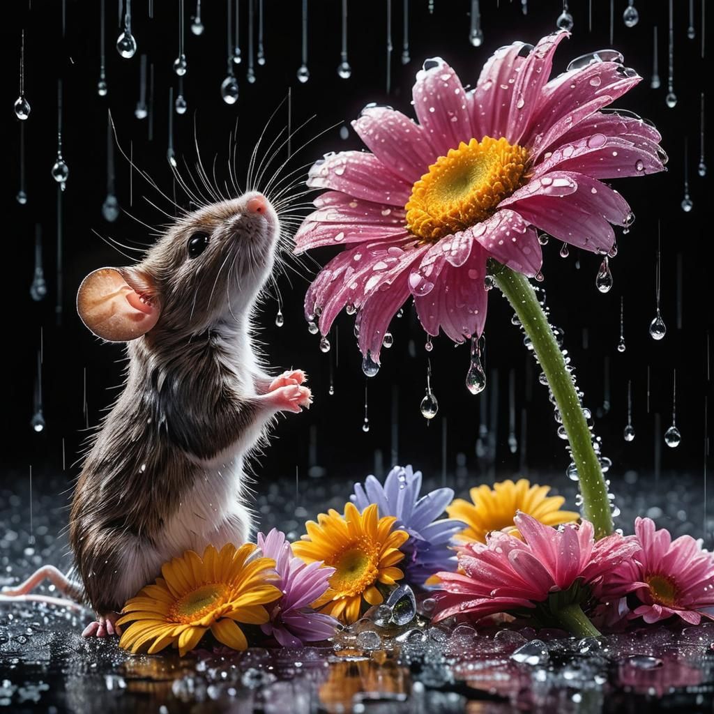 create a high definition image of raining scenery where a mice is under a flower soaking wet in a crystal ...  by @Fiona Etkin 1974 