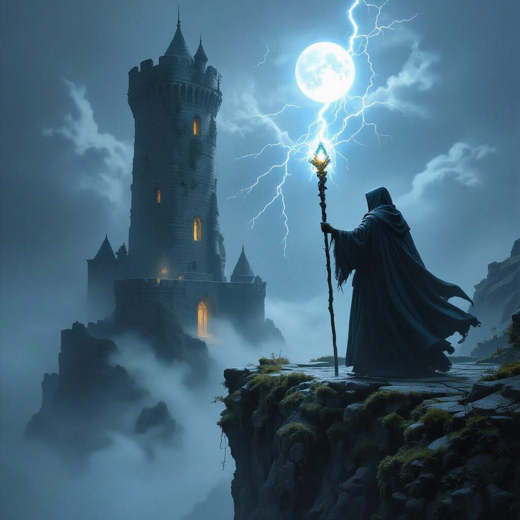 On a cliff above a stormy sea stands a tall, mist-shrouded wizard tower. The ancient stone walls are covered in moss and streaks of moisture...