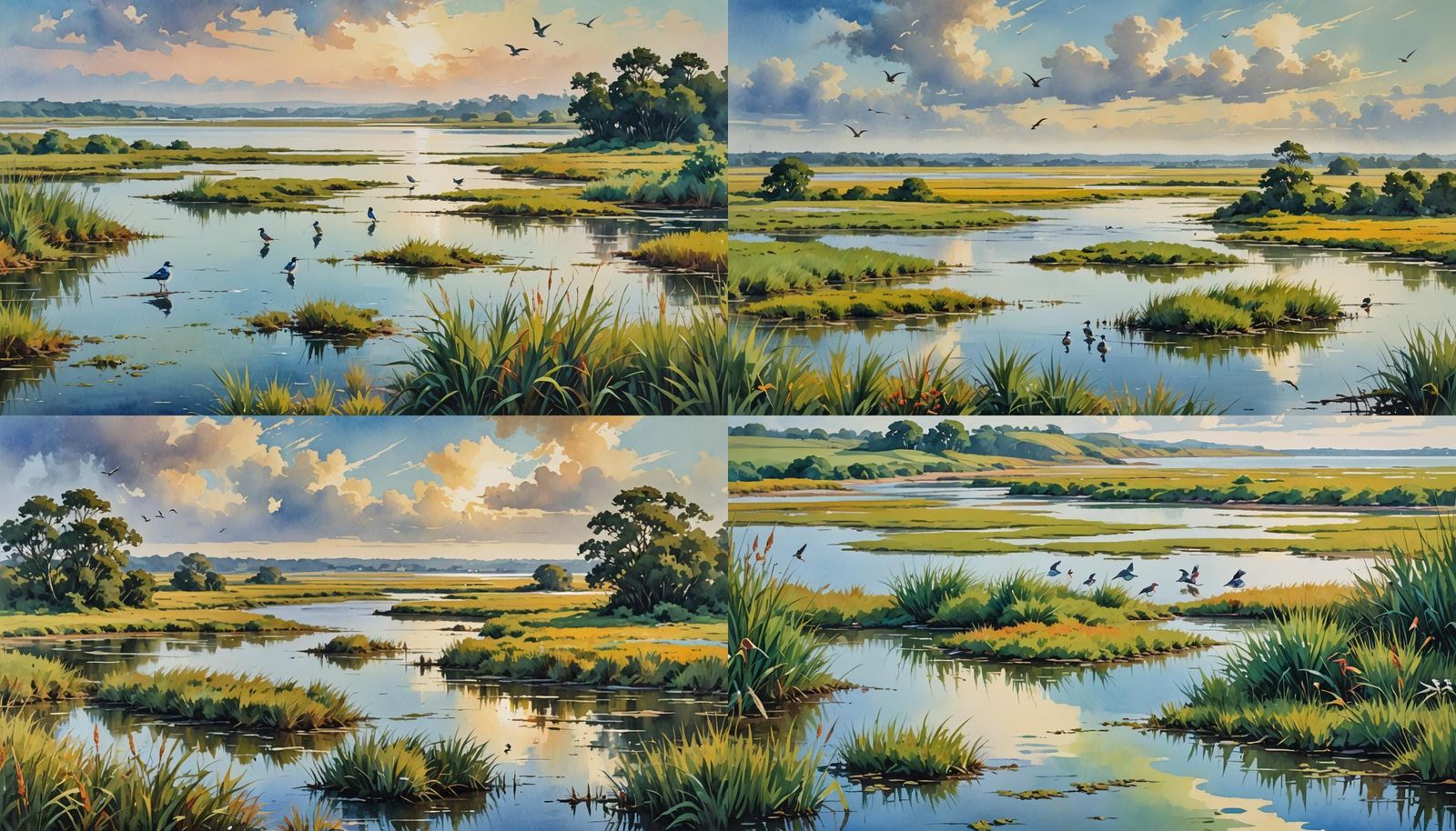 beautiful estuary, ocean marsh, birds, in Gouache Style, Wat...