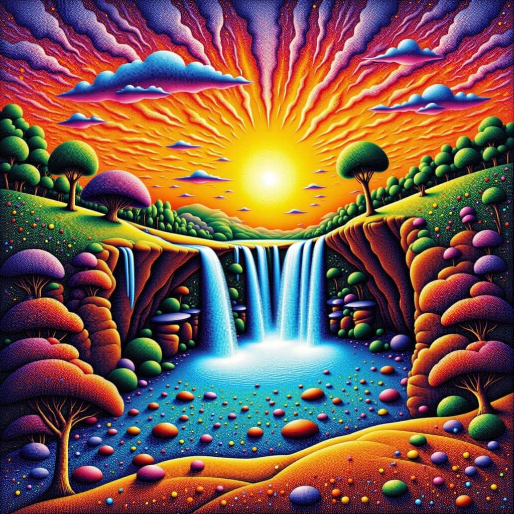 <lora:Pointillism 1-01:1.0> Pointillism oil painting of surrealist waterfall landscape with islands floating in the sky at sunset