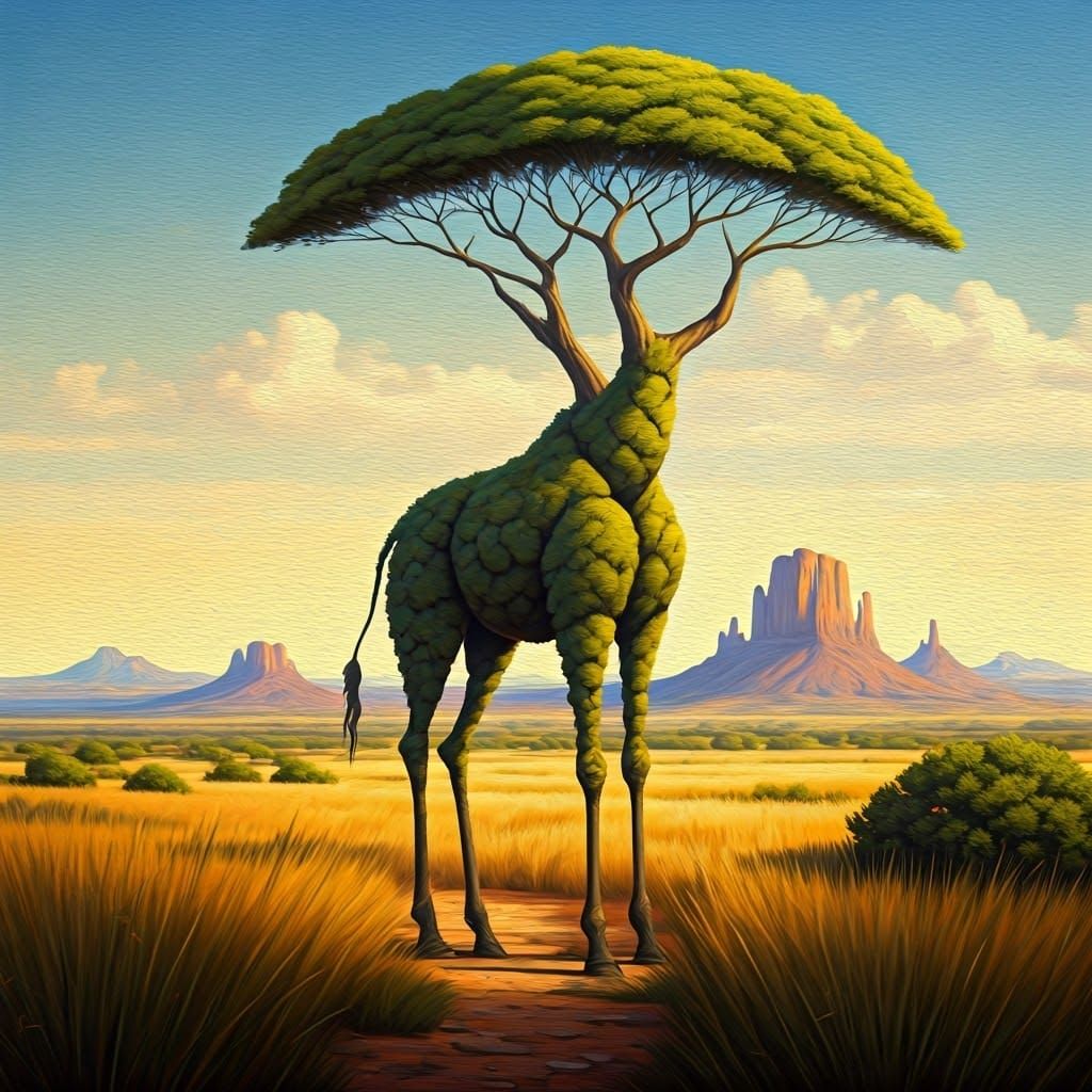 Giraffe-Shaped Tree in Sun-Drenched Savannah, Oil Painting
