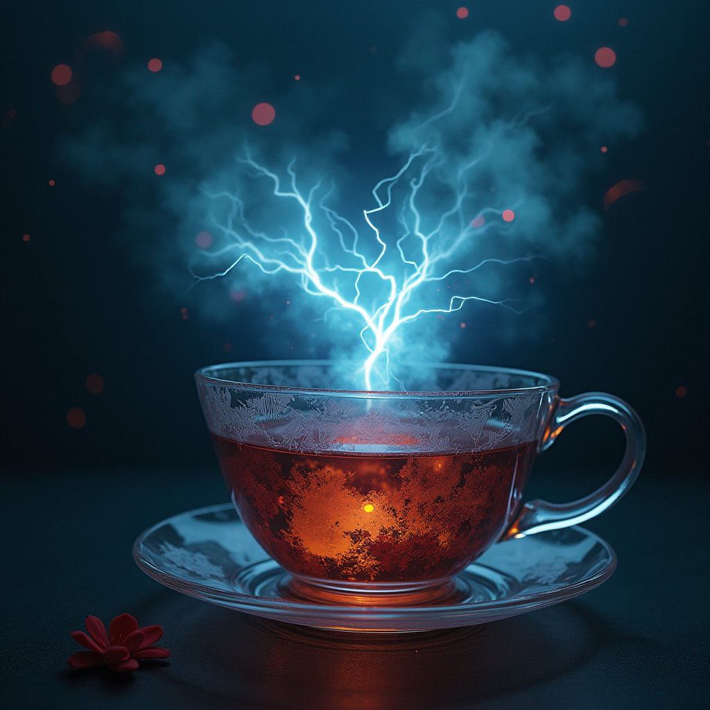 Glass tea cup with a dark and moody electric storm inside