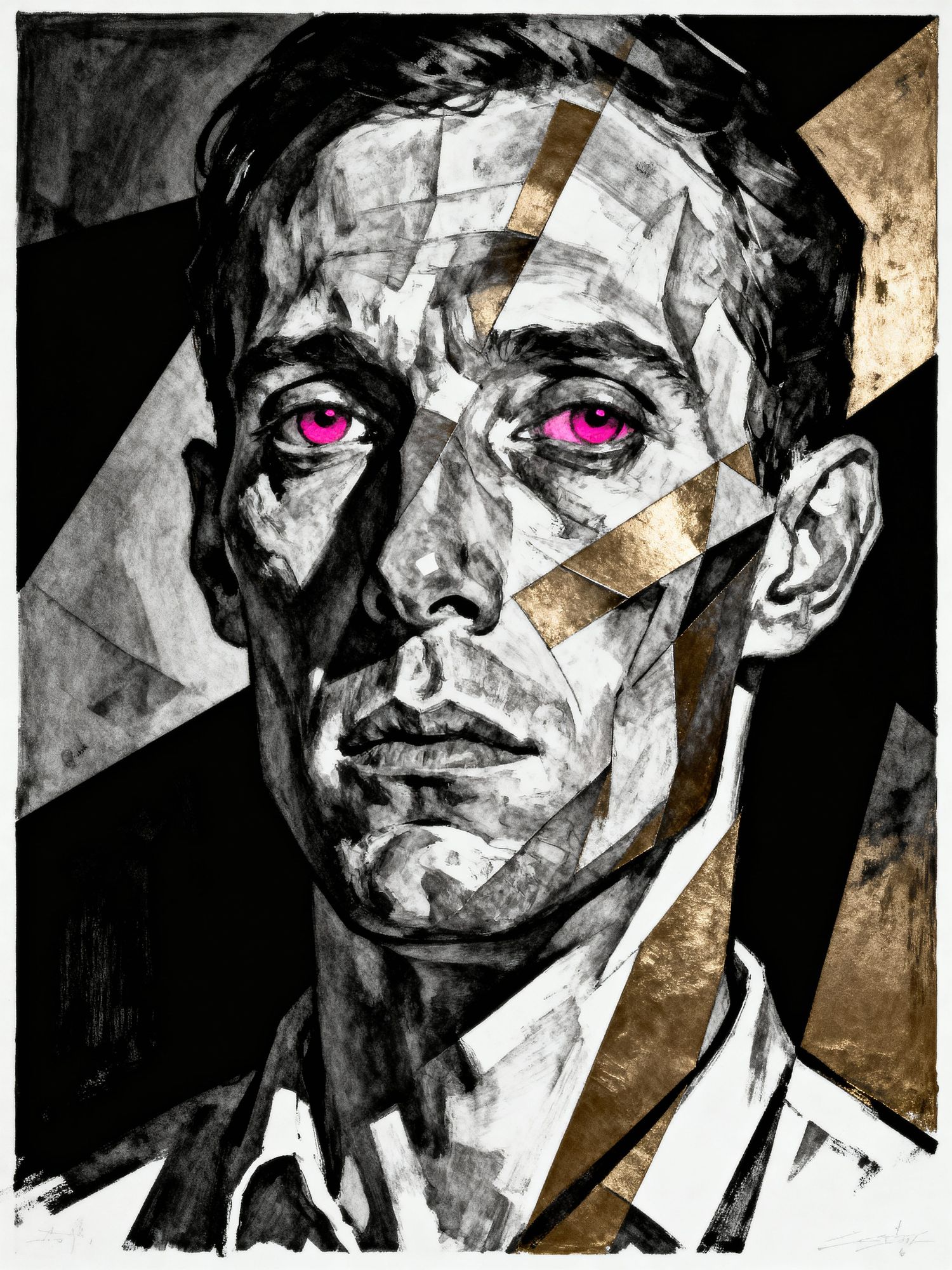 black and white painting of a man with pink eyes, in the style of disfigured forms, expressionistic use of light and dark, gray and bronze, ...